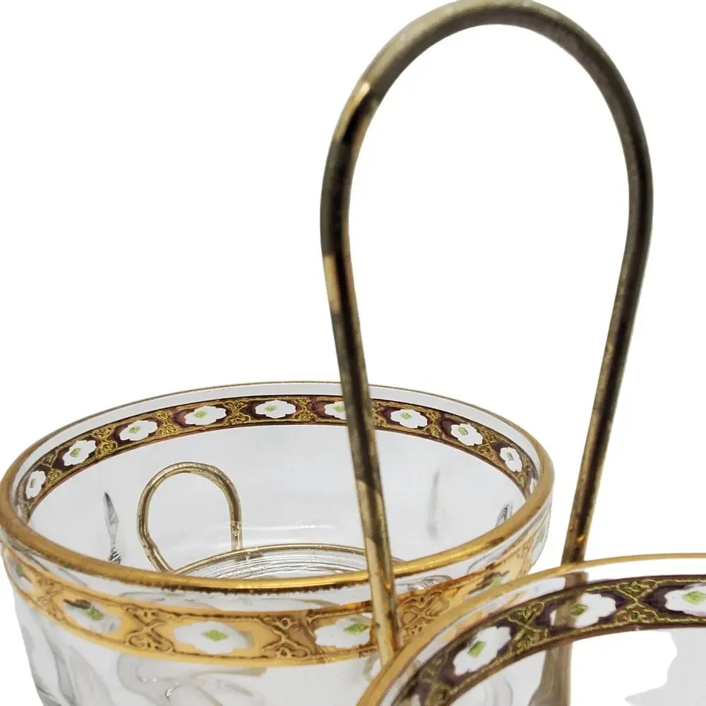 French Glass‎ Condiment Bowls Arcoroc Valencia Gilded Green Hollywood Regency